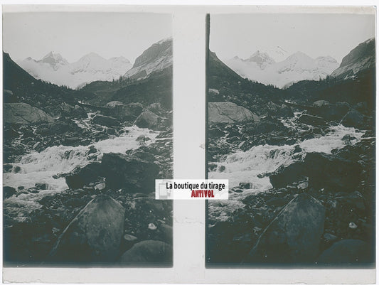 Torrent montagne, Alpes Suisse, stéréo photo plaque verre, noir & blanc, 9x12 cm