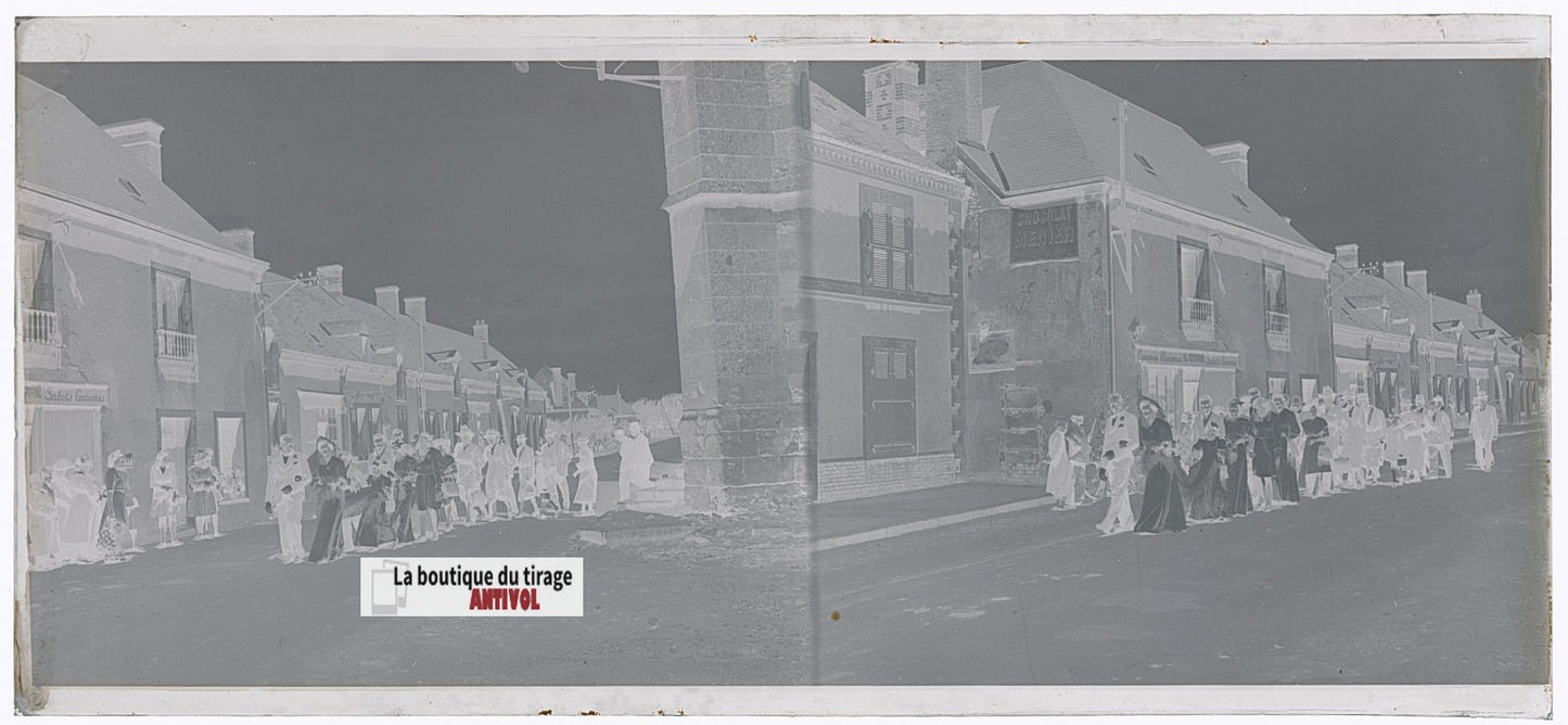 Mariage, village France, plaque verre, photo ancienne, négatif N&B 6x13 cm