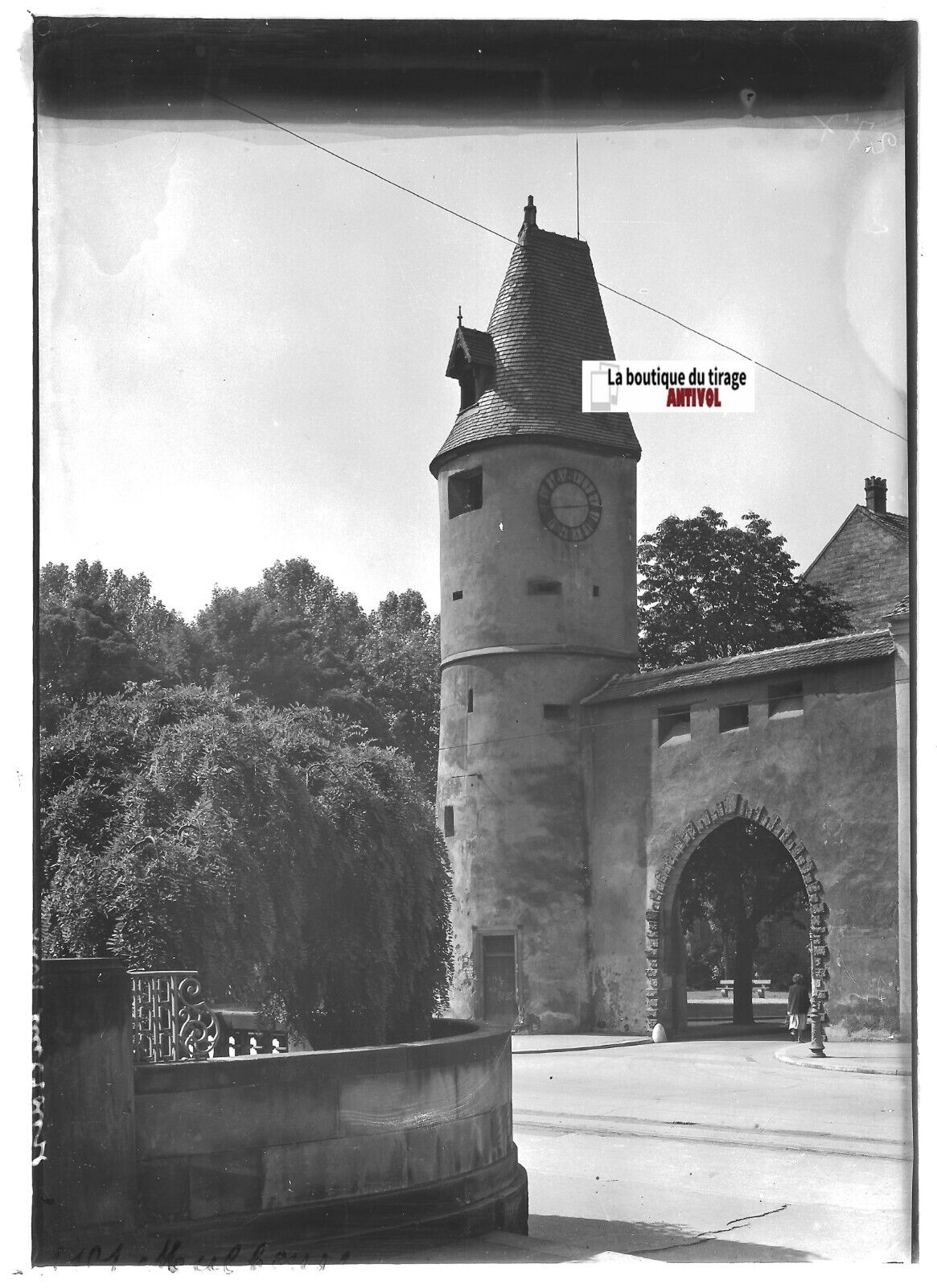 Plaque verre photo ancienne positif noir & blanc 13x18 cm Mulhouse Tour Bollwerk