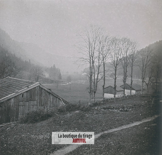 Vallée vosgienne, Vosges, plaque verre stéréo, photo ancienne 4,5x10,7 cm