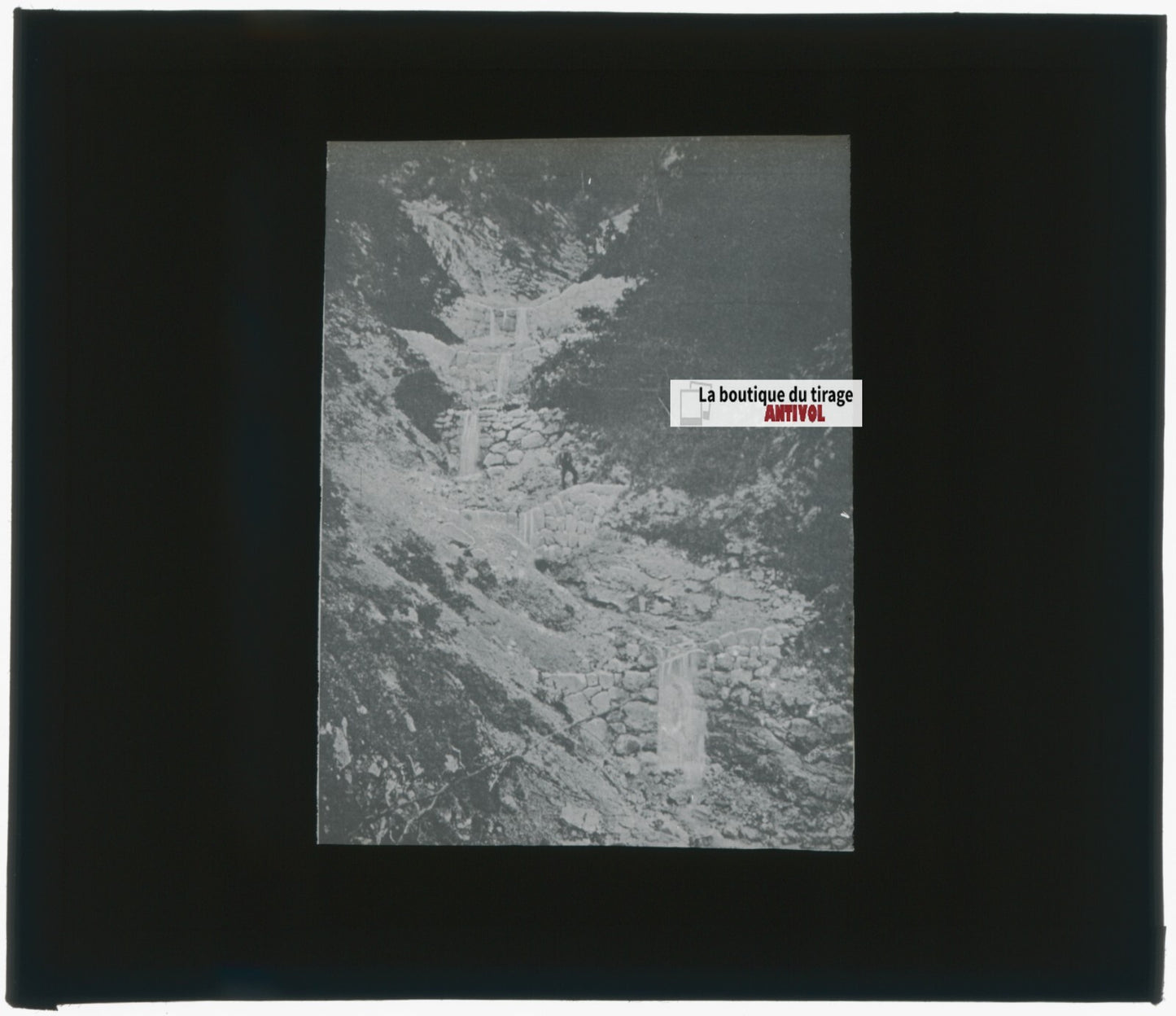 Torrent de montagne, photo plaque verre, noir & blanc, positif 8,5x10 cm