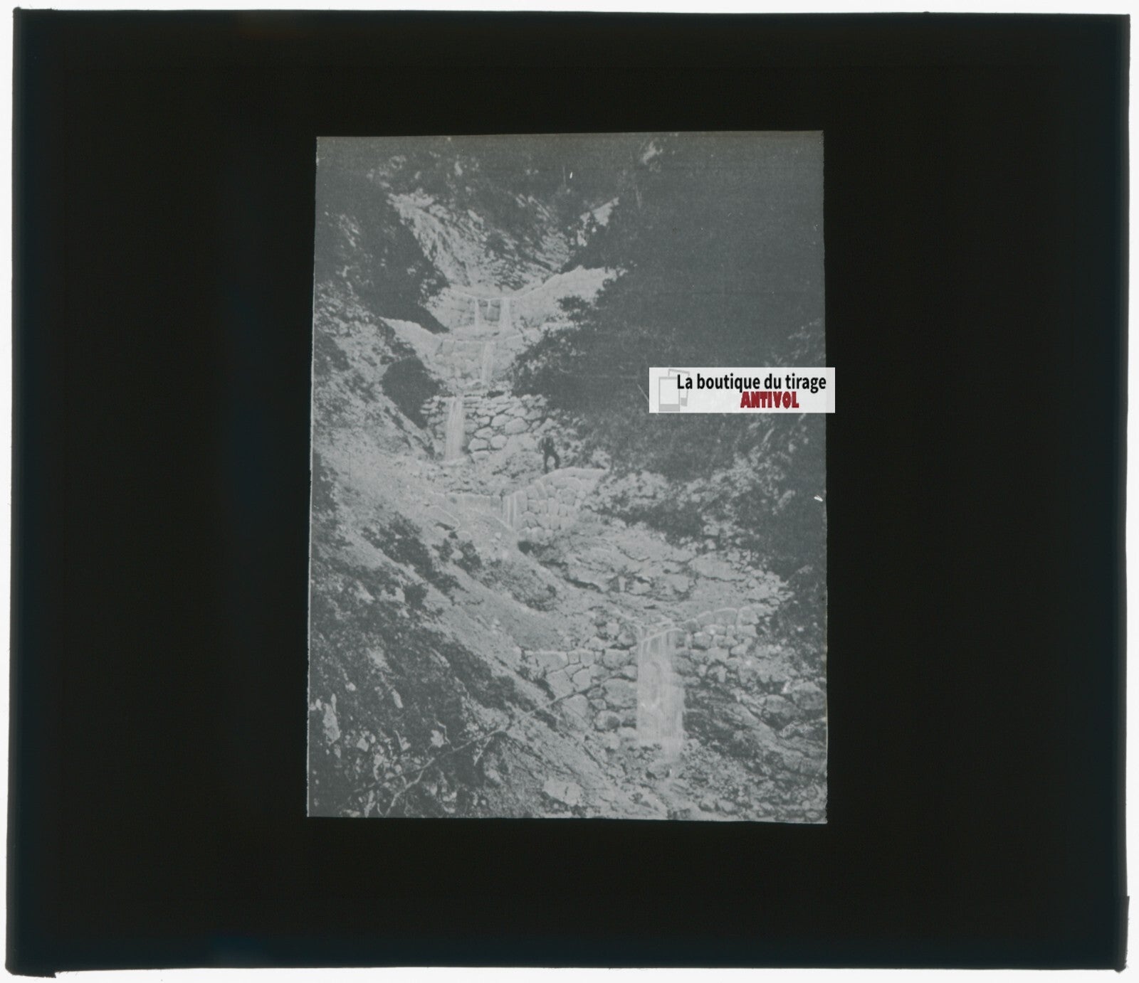 Torrent de montagne, photo plaque verre, noir & blanc, positif 8,5x10 cm