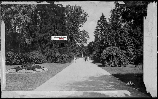 Plaque verre ancienne photo négatif noir & blanc 9x14 cm, Vittel, parc jardin