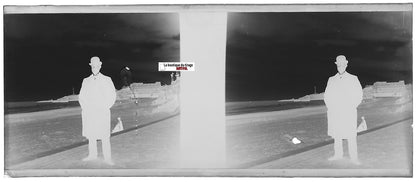 Biarritz, plage, Plaque verre photo stéréo, négatif noir & blanc 4,5x10,7 cm