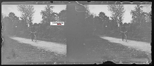 Vélo, route, Plaque verre photo stéréoscopique, négatif noir & blanc 4,5x10,7 cm