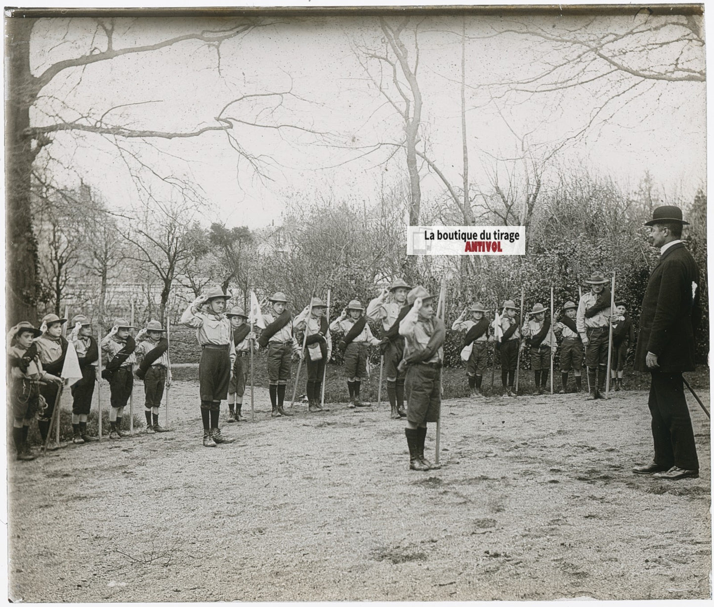 Scouts, France, enfants, photo plaque verre, noir & blanc, positif 8,5x10 cm