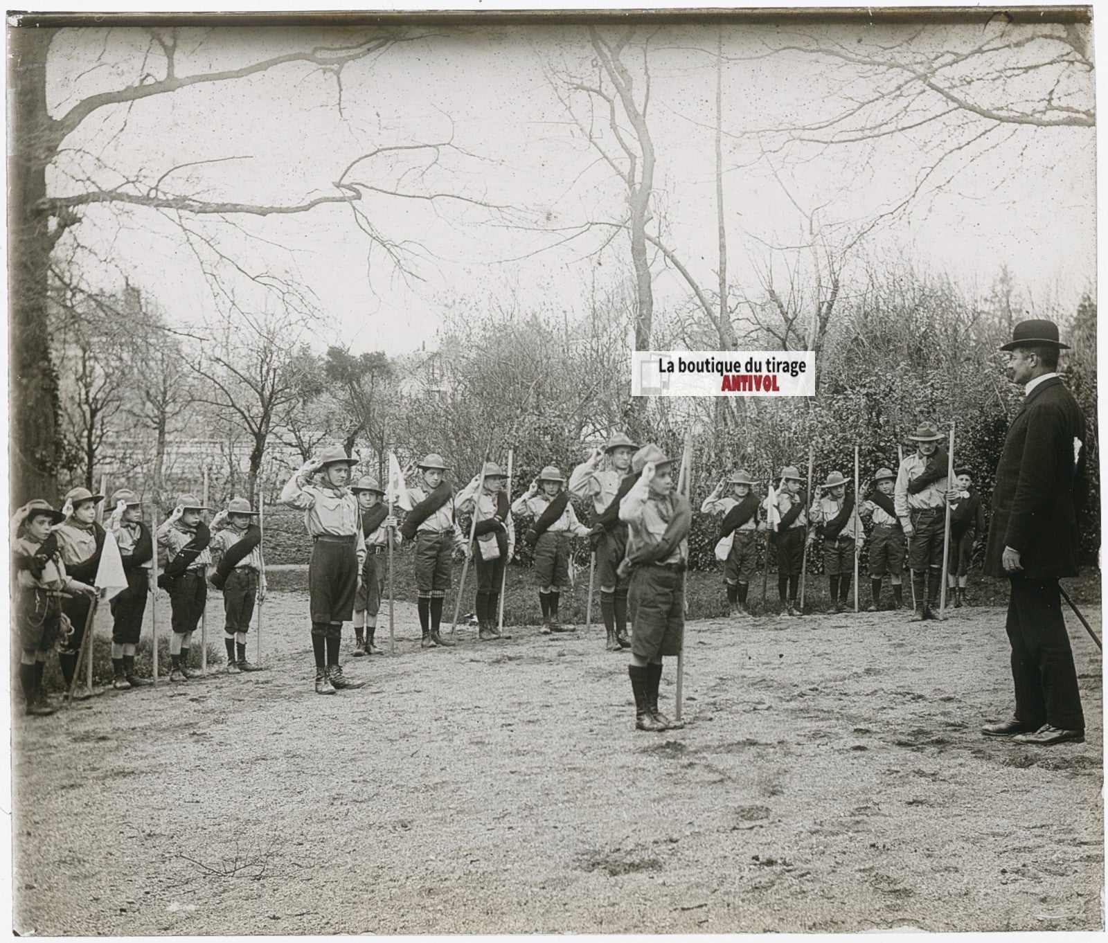 Scouts, France, enfants, photo plaque verre, noir & blanc, positif 8,5x10 cm