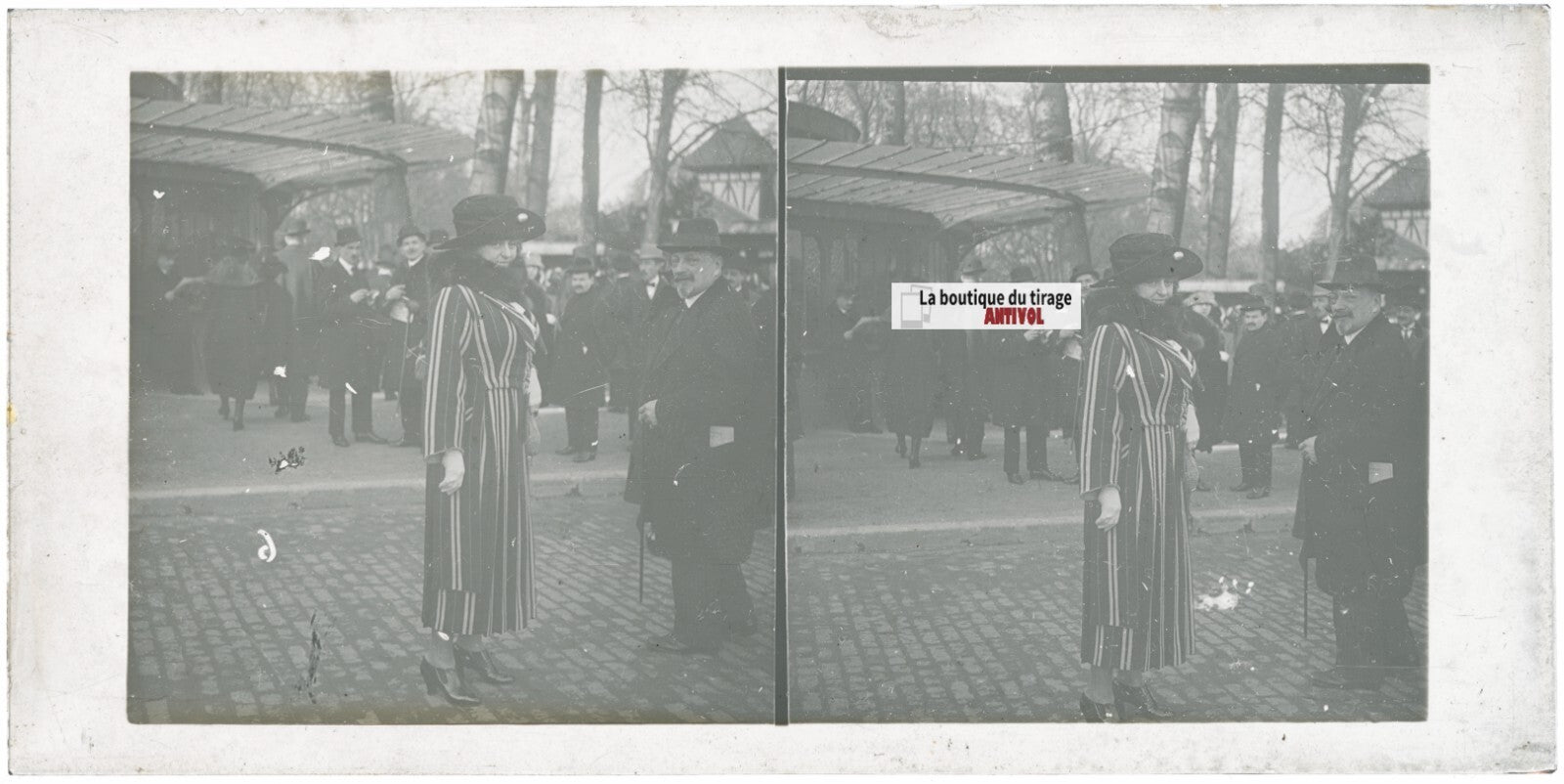 Scène de vie, Longchamp, Paris, plaque verre stéréoscopique, positif 8,5x17 cm