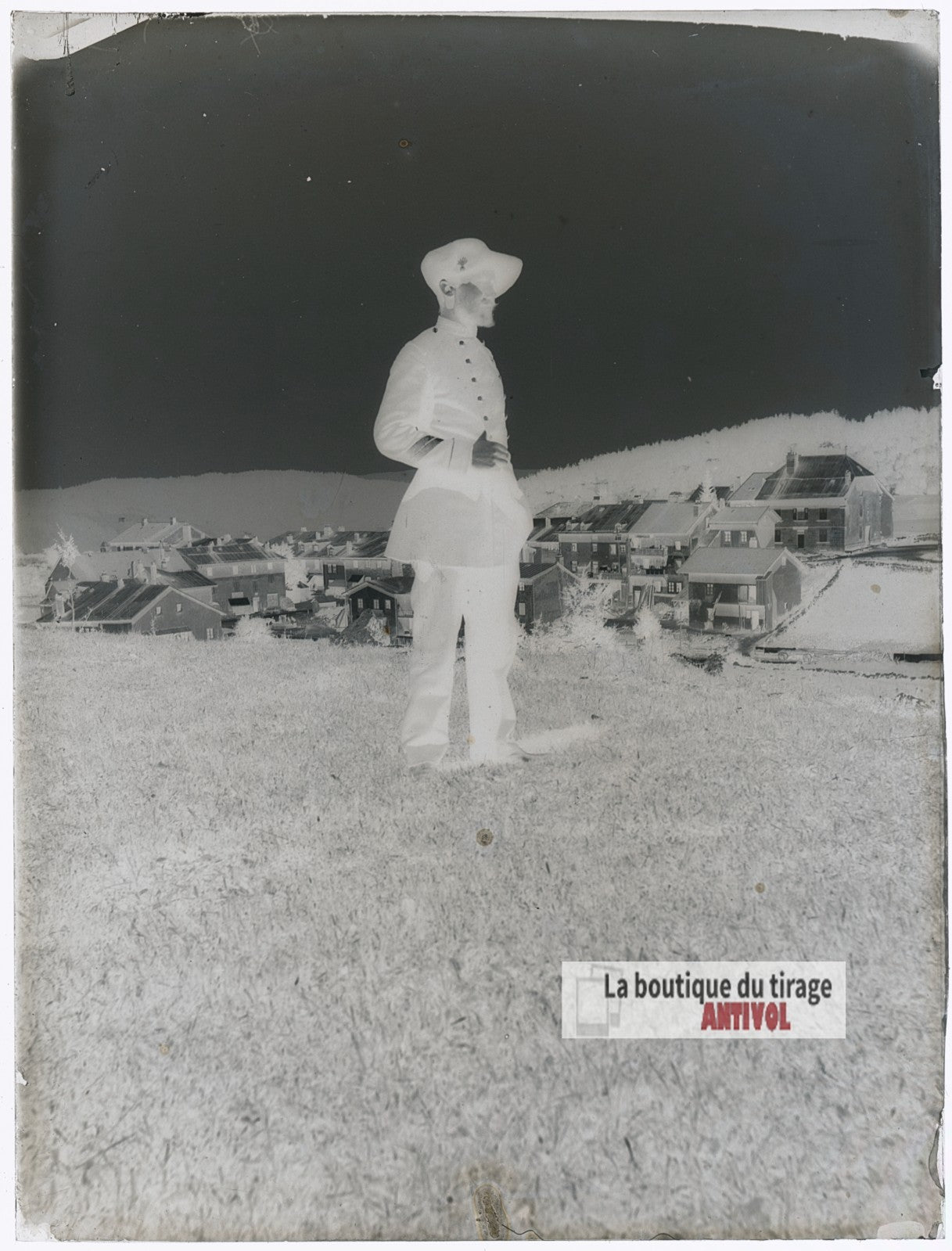 Portrait d'un douanier, montagne, plaque verre photo ancienne, négatif 9x12 cm