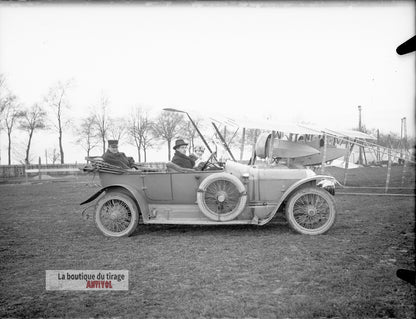 Voiture, avion biplan, militaire, plaque verre, photo ancienne, négatif 9x12 cm