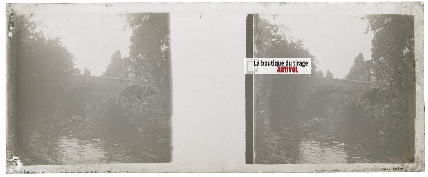 Pont rivière eau, Plaque verre stéréo, positif noir & blanc 4,5x10,7 cm