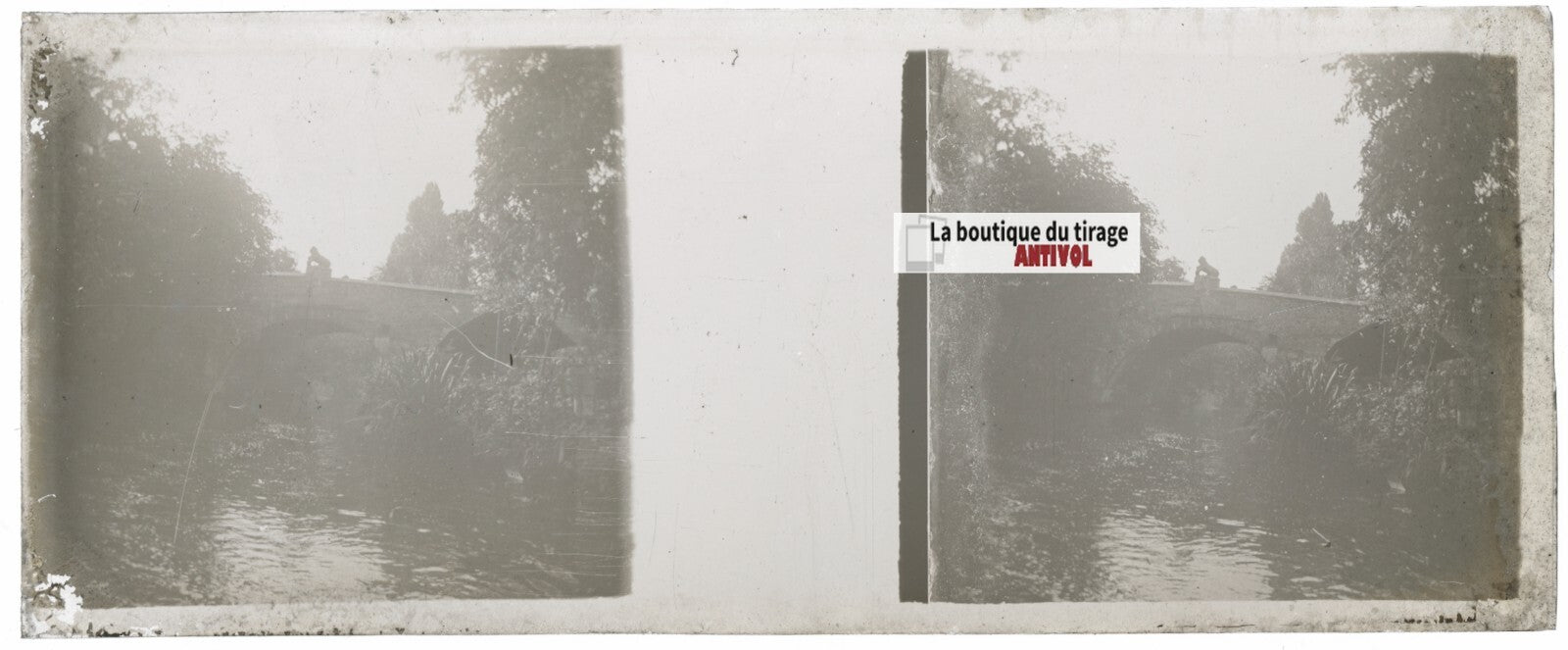 Pont rivière eau, Plaque verre stéréo, positif noir & blanc 4,5x10,7 cm