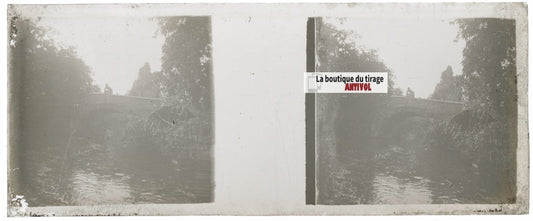 Pont rivière eau, Plaque verre stéréo, positif noir & blanc 4,5x10,7 cm