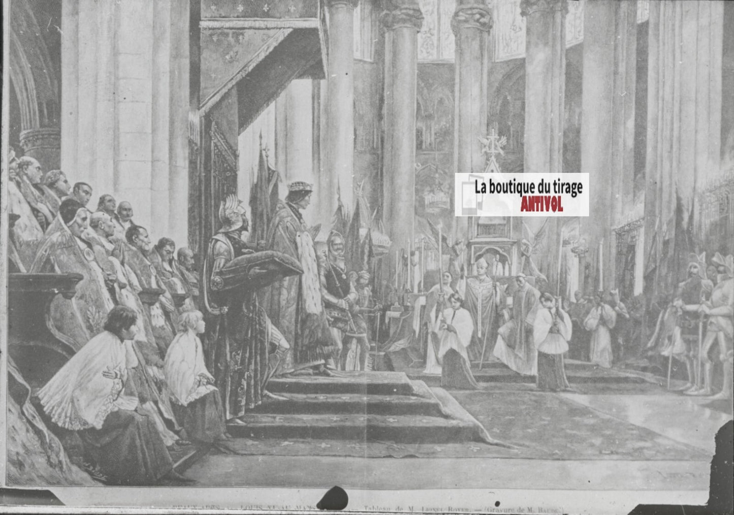 Scène religieuse, Louis XI, dessin peinture, plaque verre, positif 8,5x10 cm