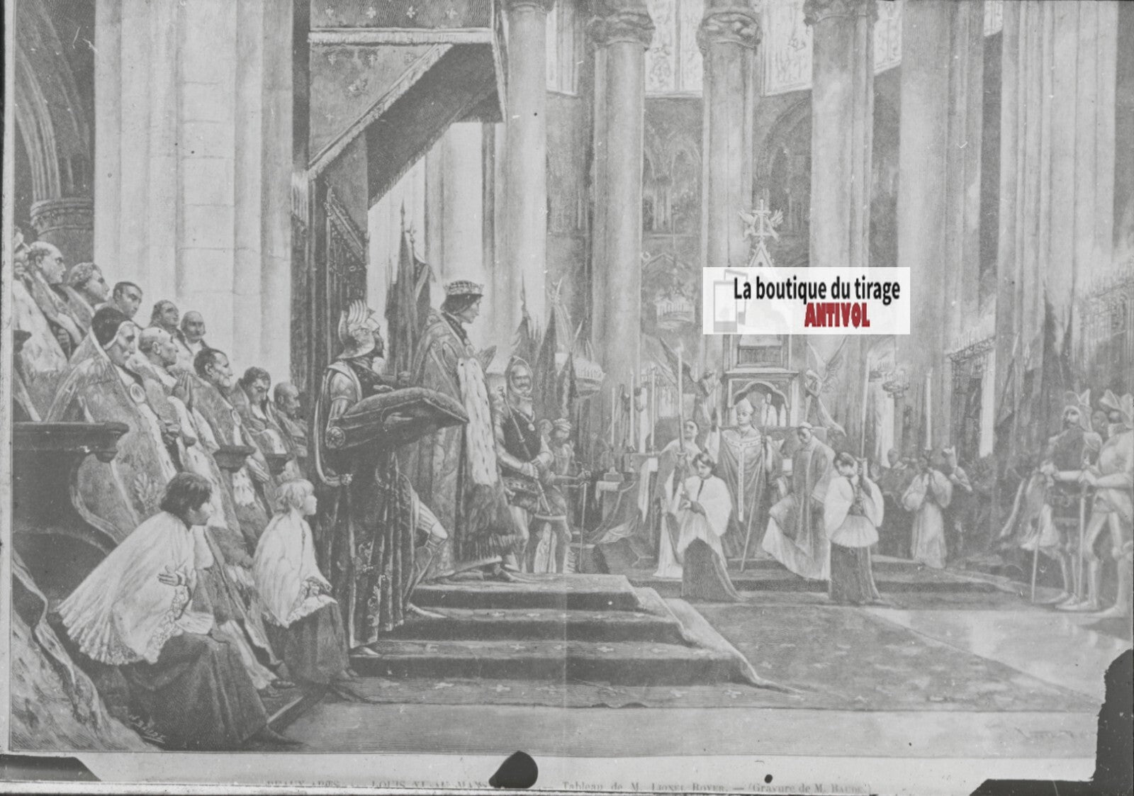 Scène religieuse, Louis XI, dessin peinture, plaque verre, positif 8,5x10 cm