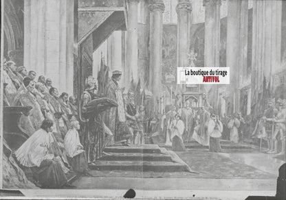 Scène religieuse, Louis XI, dessin peinture, plaque verre, positif 8,5x10 cm