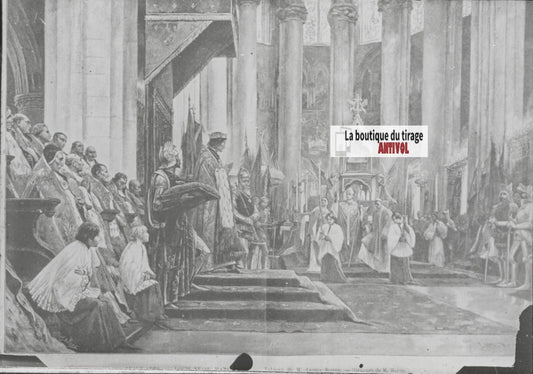 Scène religieuse, Louis XI, dessin peinture, plaque verre, positif 8,5x10 cm