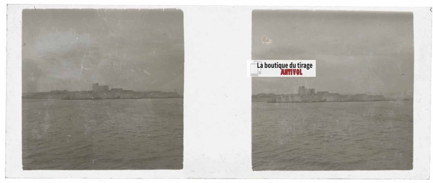 Mer, château, ruine, Plaque verre stéréo, positif noir & blanc 4,5x10,7 cm