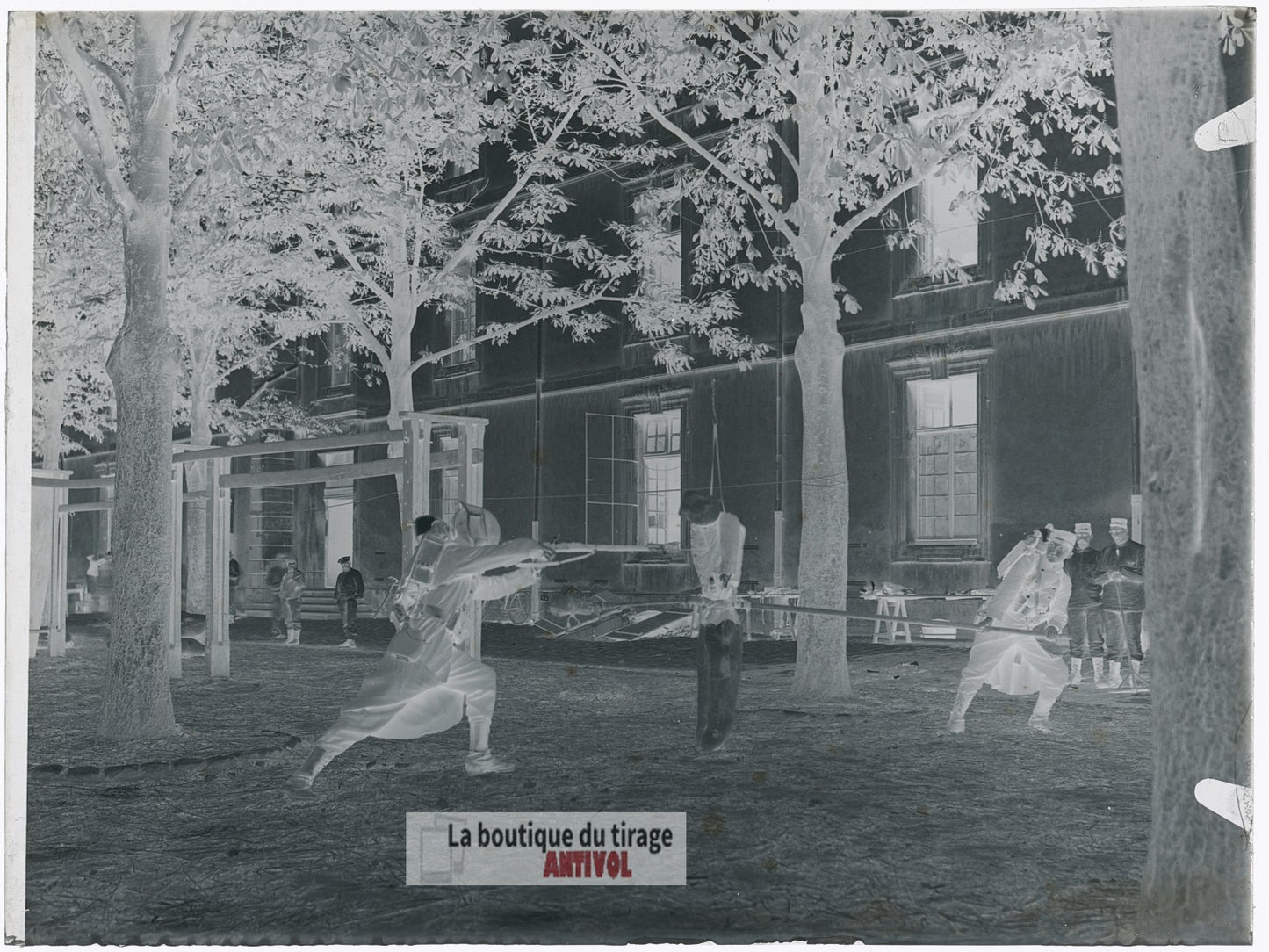 Entraînement à la baïonnette, plaque verre, photo ancienne, négatif 9x12 cm