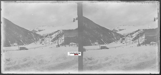 Montagne, camion, Plaque verre photo stéréo, négatif noir & blanc 6x13 cm