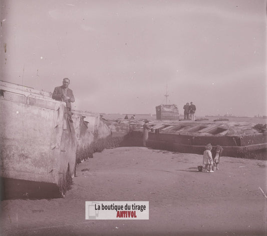 Arromanches bateaux, débarquement, plaque verre photo ancienne stéréo 6x13 cm