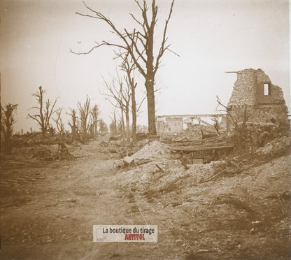 Ferme des Marquises, guerre WW1, plaque verre photo ancienne stéréo 6x13 cm