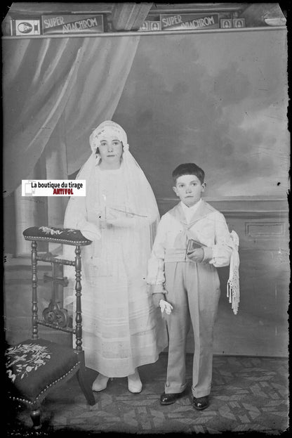 Communion, enfants, Plaque verre photo, négatif noir & blanc 10x15 cm France