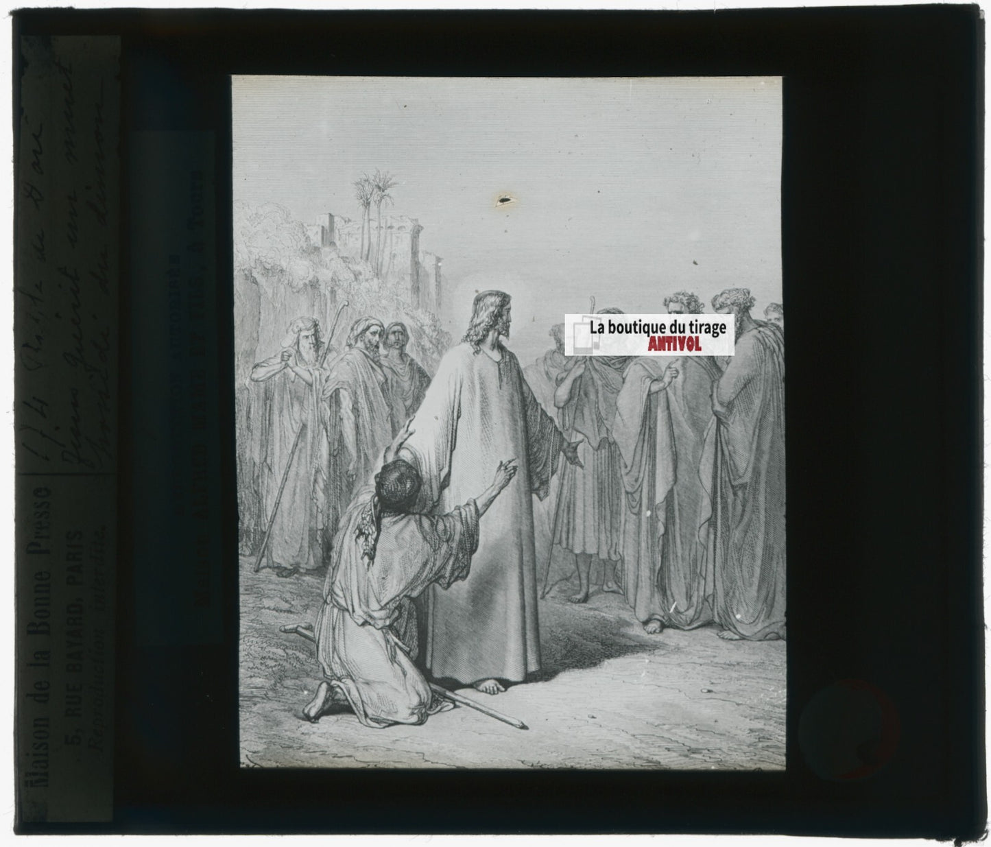 Histoire, Bible Doré, dessin, plaque de verre, noir & blanc, positif 8,5x10 cm