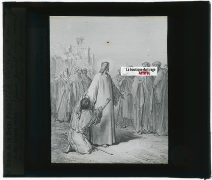 Histoire, Bible Doré, dessin, plaque de verre, noir & blanc, positif 8,5x10 cm