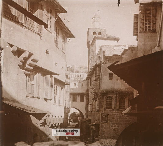 Rue ancienne à Tripoli, Liban, plaque de verre, photo ancienne stéréo 6x13 cm