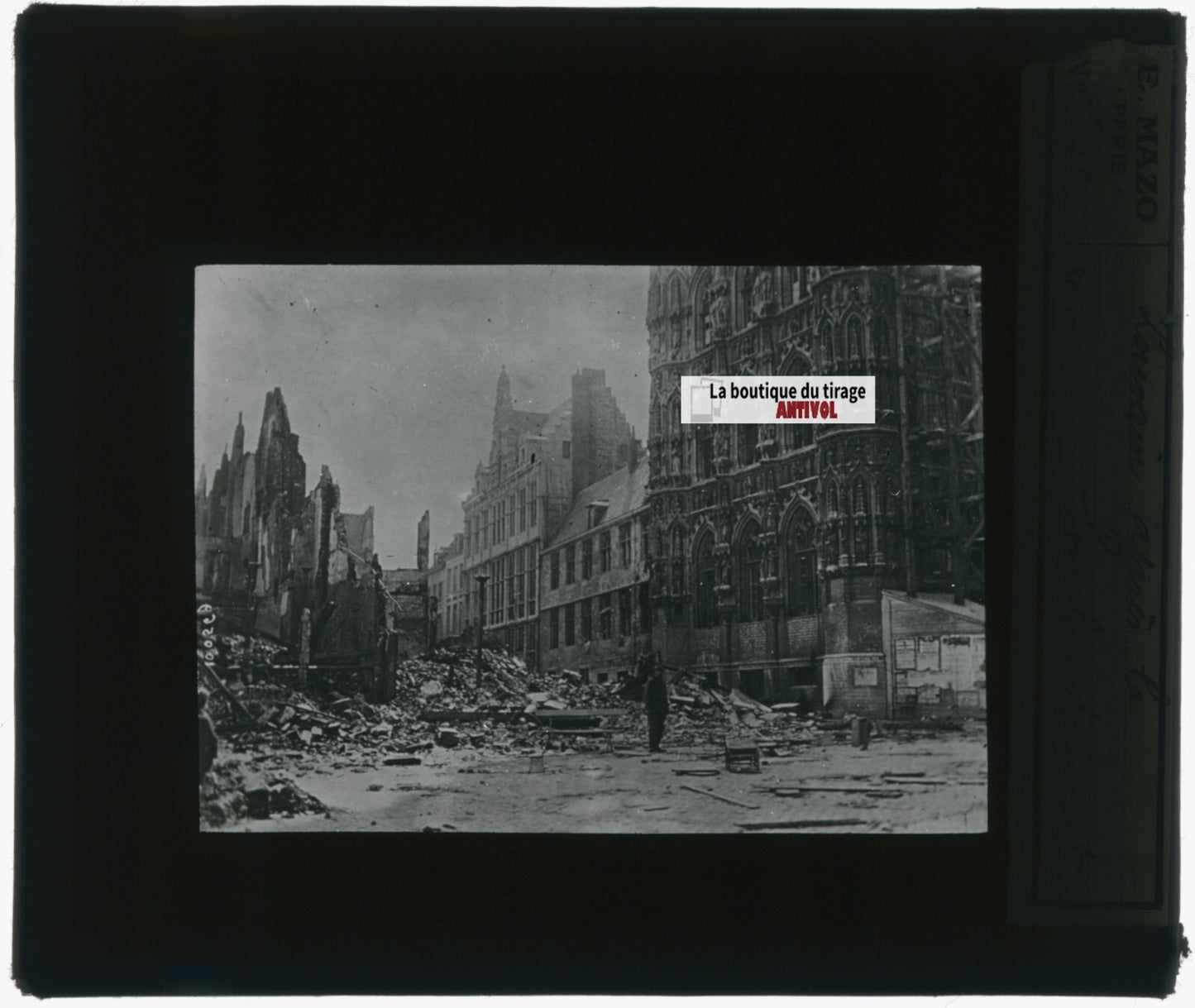 Louvain, bombardement, photo plaque verre, noir & blanc, positif 8,5x10 cm
