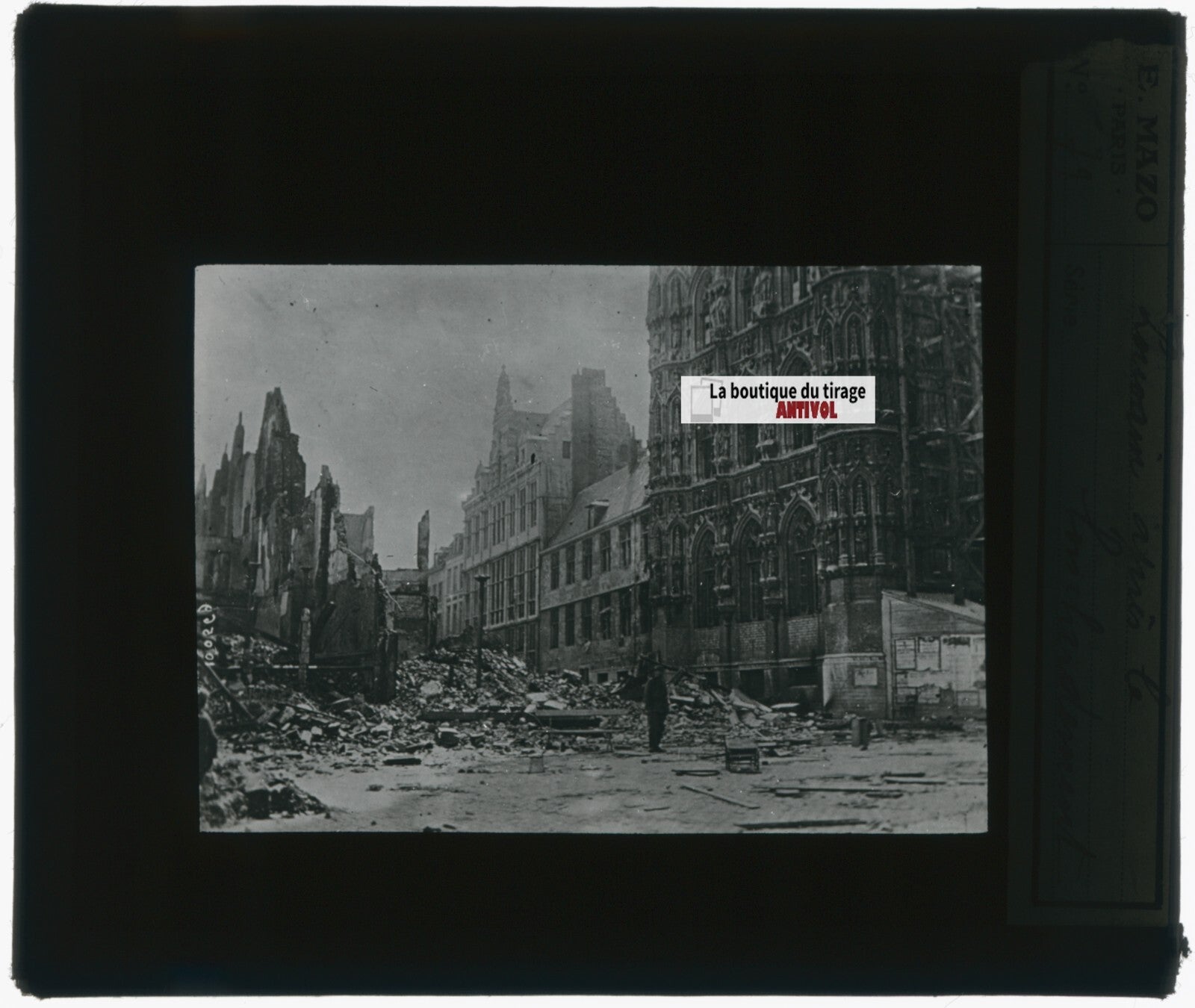 Louvain, bombardement, photo plaque verre, noir & blanc, positif 8,5x10 cm