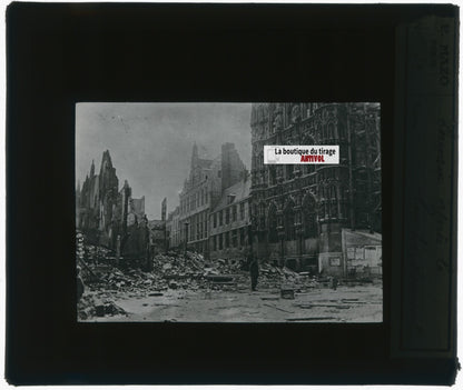 Louvain, bombardement, photo plaque verre, noir & blanc, positif 8,5x10 cm
