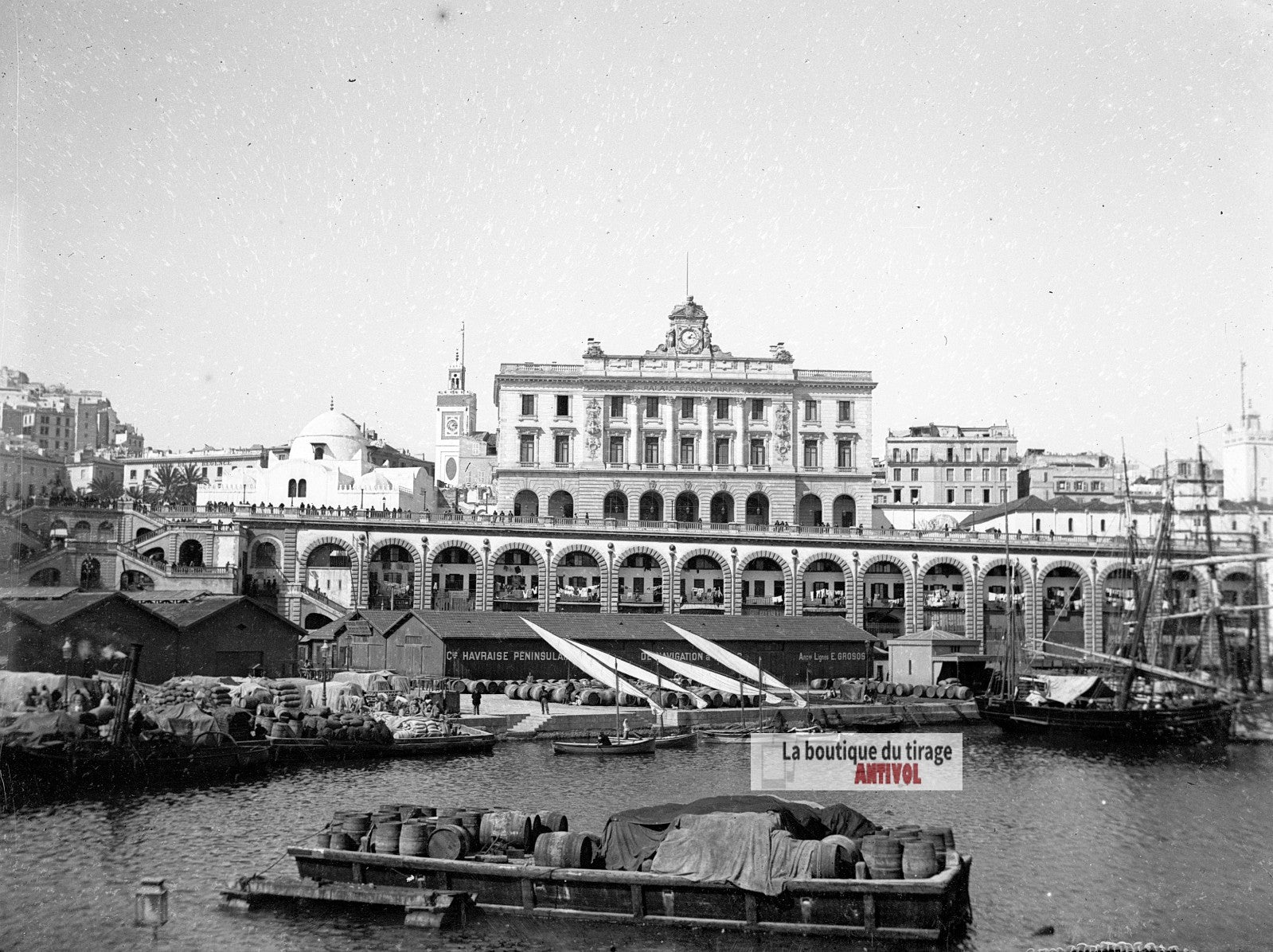 Palais consulaire d'Alger, port, plaque verre photo ancienne, négatif 9x12 cm