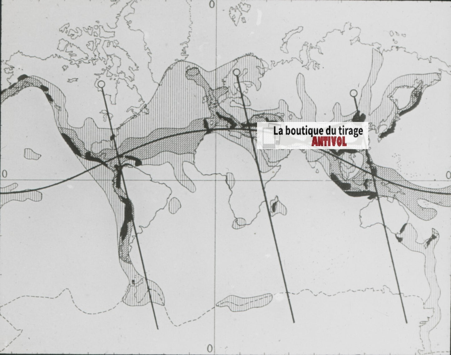 Carte zones volcaniques, photo plaque verre, noir & blanc, positif 8,5x10 cm