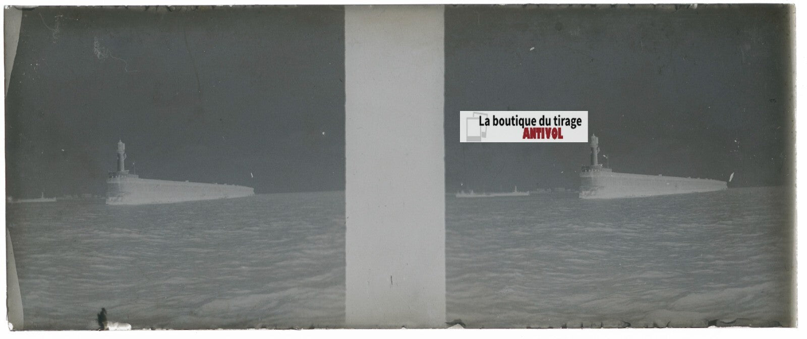 Phare, mer, Plaque verre stéréoscopie, négatif noir & blanc 4,5x10,7 cm