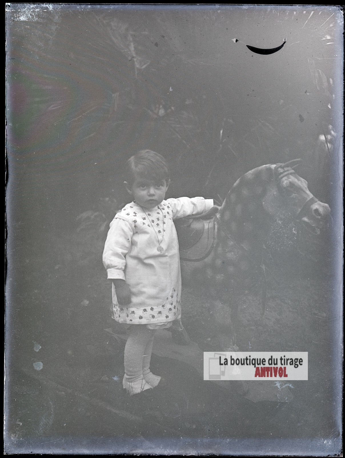 Jeune enfant avec cheval à bascule, plaque verre photo ancienne, négatif 9x12 cm