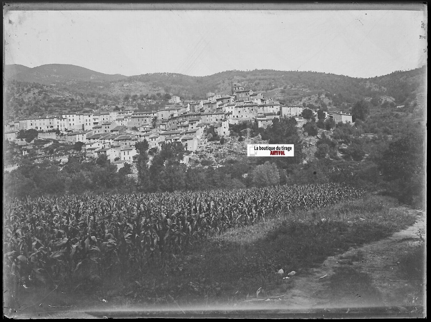 Village France, Plaque verre photo ancienne, négatif noir & blanc 9x12 cm