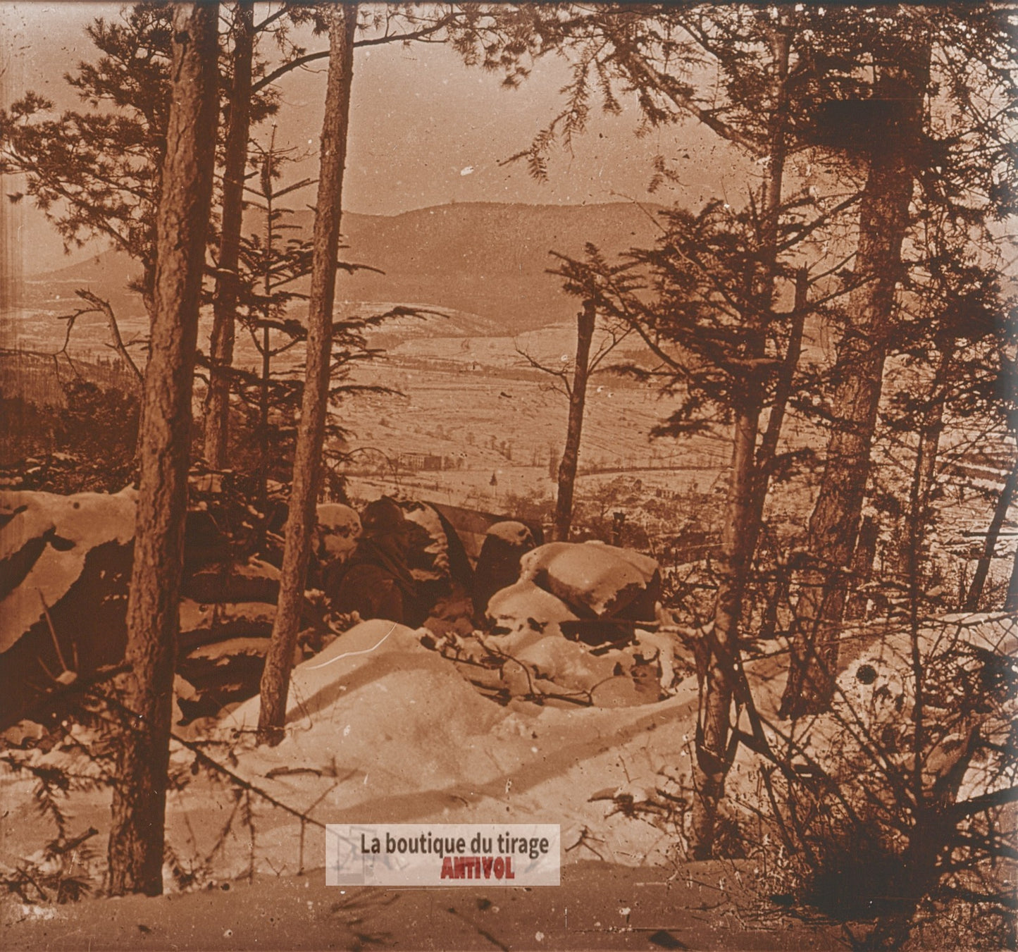 Herbeaupaire Petit poste, guerre WW1, plaque verre photo ancienne stéréo 6x13 cm