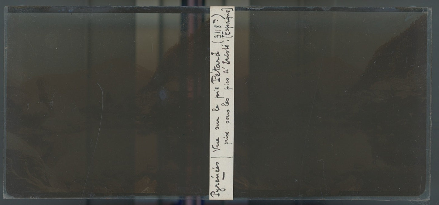 Pic Petar, Pyrénées, plaque verre, photo ancienne stéréo, sépia 6x13 cm