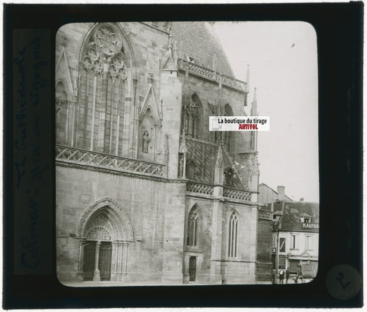 Cathédrale Colmar, photo plaque verre, noir & blanc, positif 8,5x10 cm