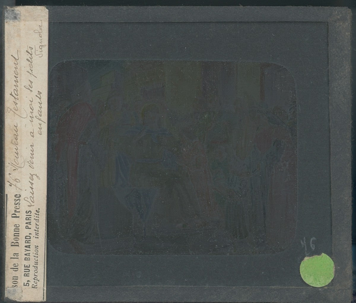 Jésus bénit les petits enfants, dessin, plaque verre ancienne, couleur 8,5x10 cm
