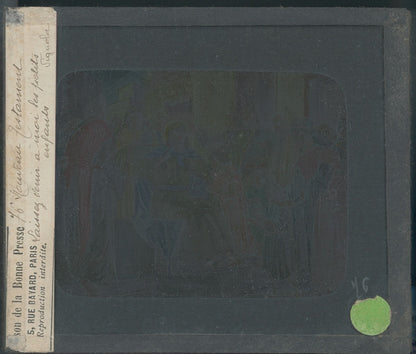 Jésus bénit les petits enfants, dessin, plaque verre ancienne, couleur 8,5x10 cm