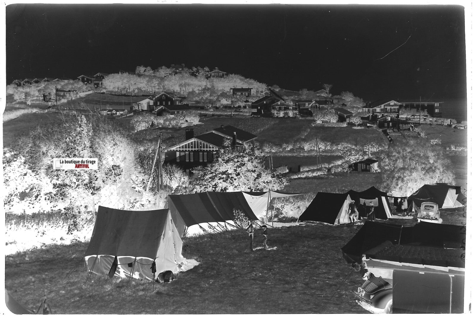 Bidart camping, Plaque verre photo ancienne, négatif noir & blanc 10x15 cm