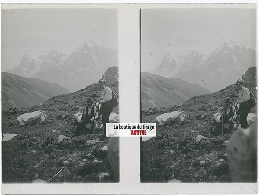 Randonneurs, Alpes, Suisse, stéréo photo plaque verre, noir & blanc, 9x12 cm