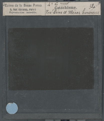 Scène religieuse, catéchisme, dessin peinture, plaque verre, positif 8,5x10 cm