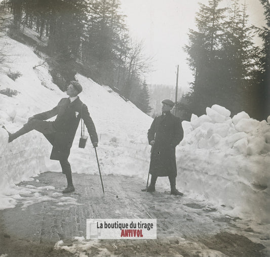Promenade hivernale, Vosges, plaque verre stéréo, photo ancienne 4,5x10,7 cm