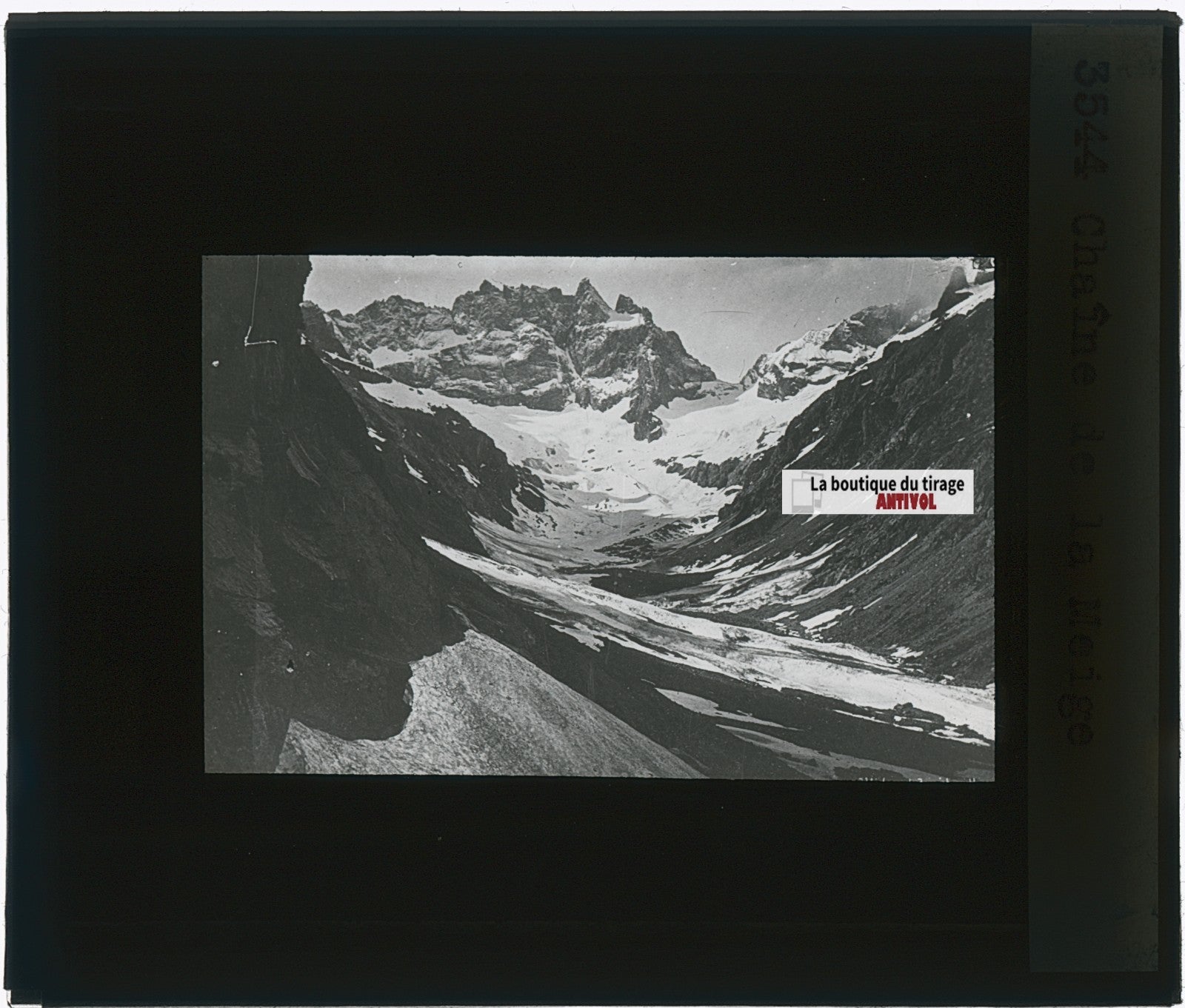 Chaîne de la Meije montagne, photo plaque verre, noir & blanc, positif 8,5x10 cm