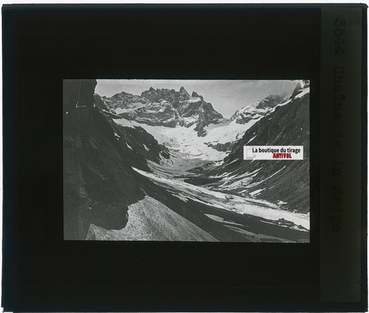 Chaîne de la Meije montagne, photo plaque verre, noir & blanc, positif 8,5x10 cm
