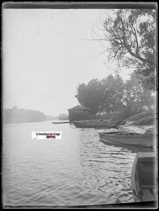 La Garonne, Toulouse, Plaque verre photo ancienne, négatif noir & blanc 9x12 cm